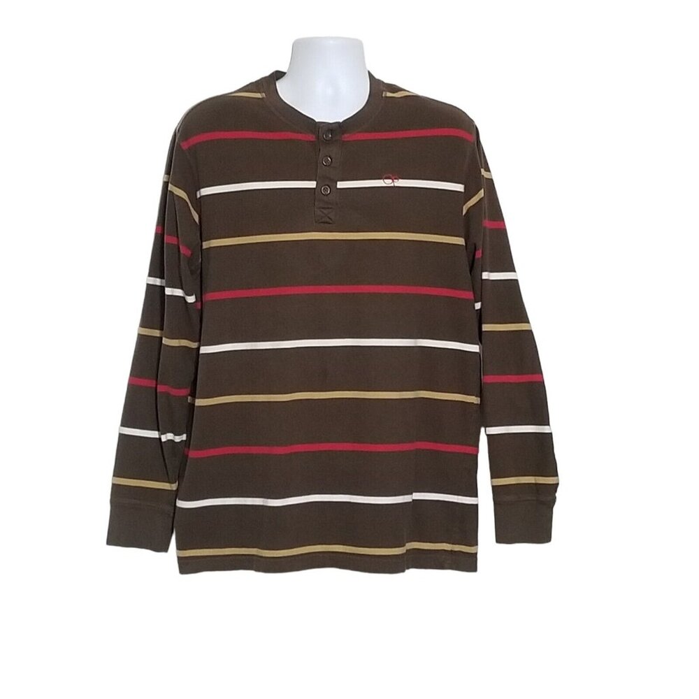 Vintage Ocean Pacific OP Henley Shirt Men's Brown Red Stripe‎ Long Sleeve Logo